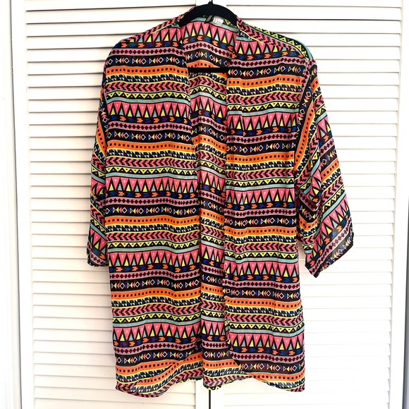 Neon Aztec Lightweight Chiffon Kimono Cardigan with Black and Lime Crop Top - Picture 6 of 7
